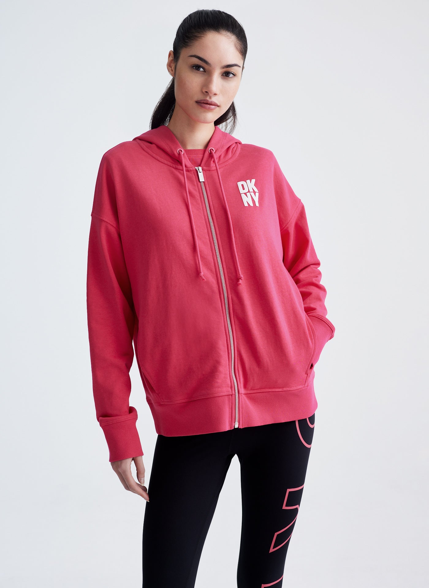 DKNY PUFF LOGO FULL ZIP HOODIE WITH POCKETS,Pink