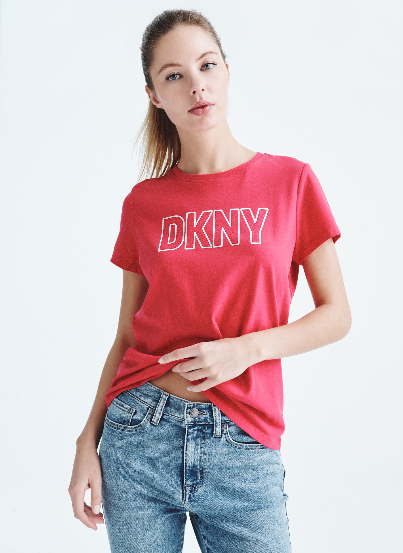 $49 DKNY Women's White Multi Logo Embellished T-Shirt Top Size XS